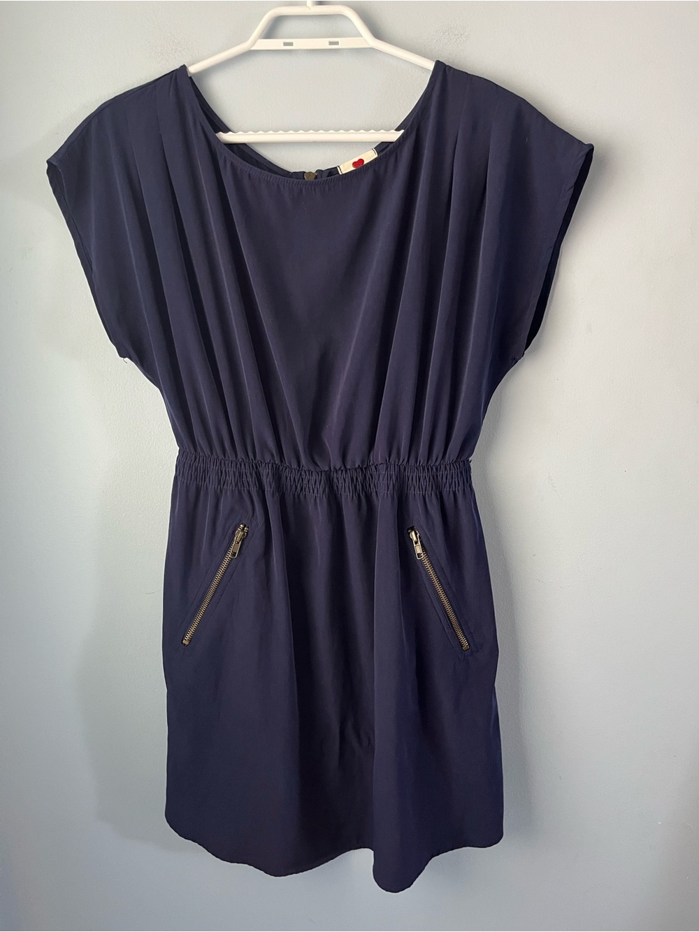 Navy Blue Gathered Waist Relaxed Fit Cap Sleeve Mini Dress Size M Zipper Pockets